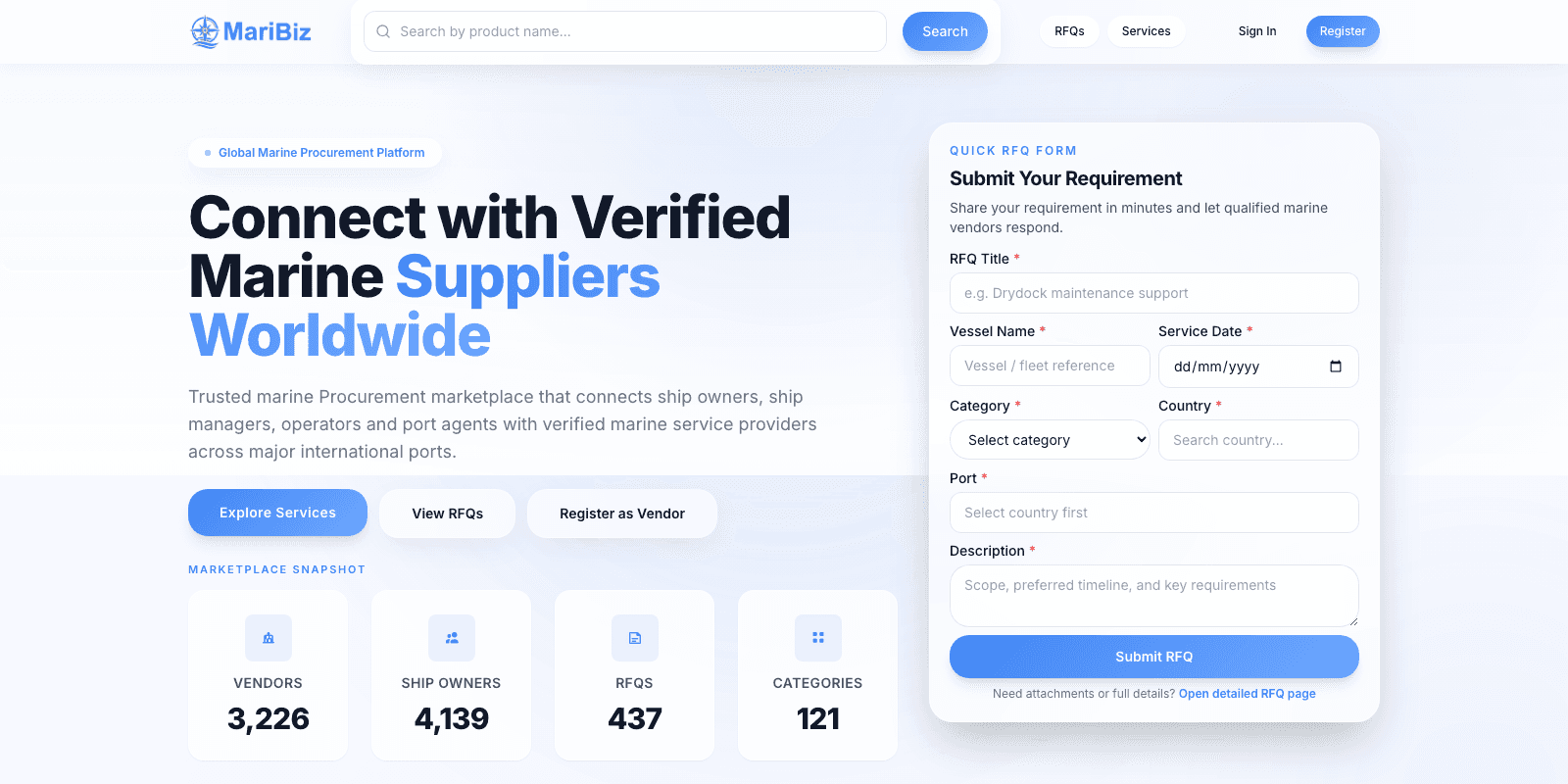 MariBiz.ai homepage, built by NextGen Fusion